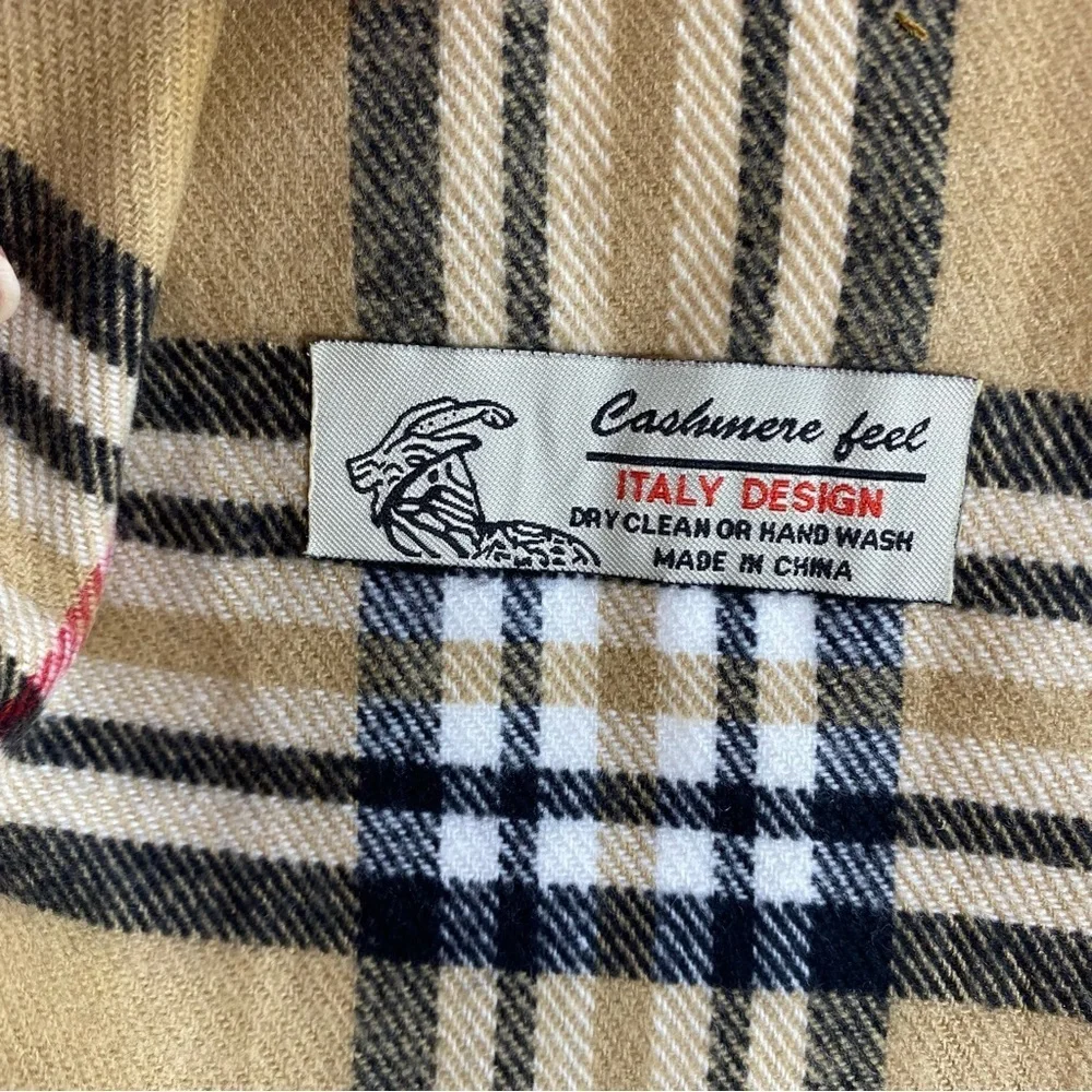 Cashmere Feel Camel New England Plaid Long Tassel Scarf